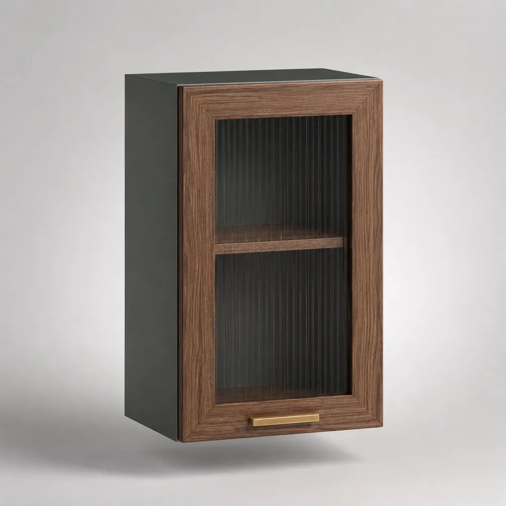 Pensile da cucina nero e noce con anta battente in MDF e vetro scanalato, 40 × 32 × 70 cm