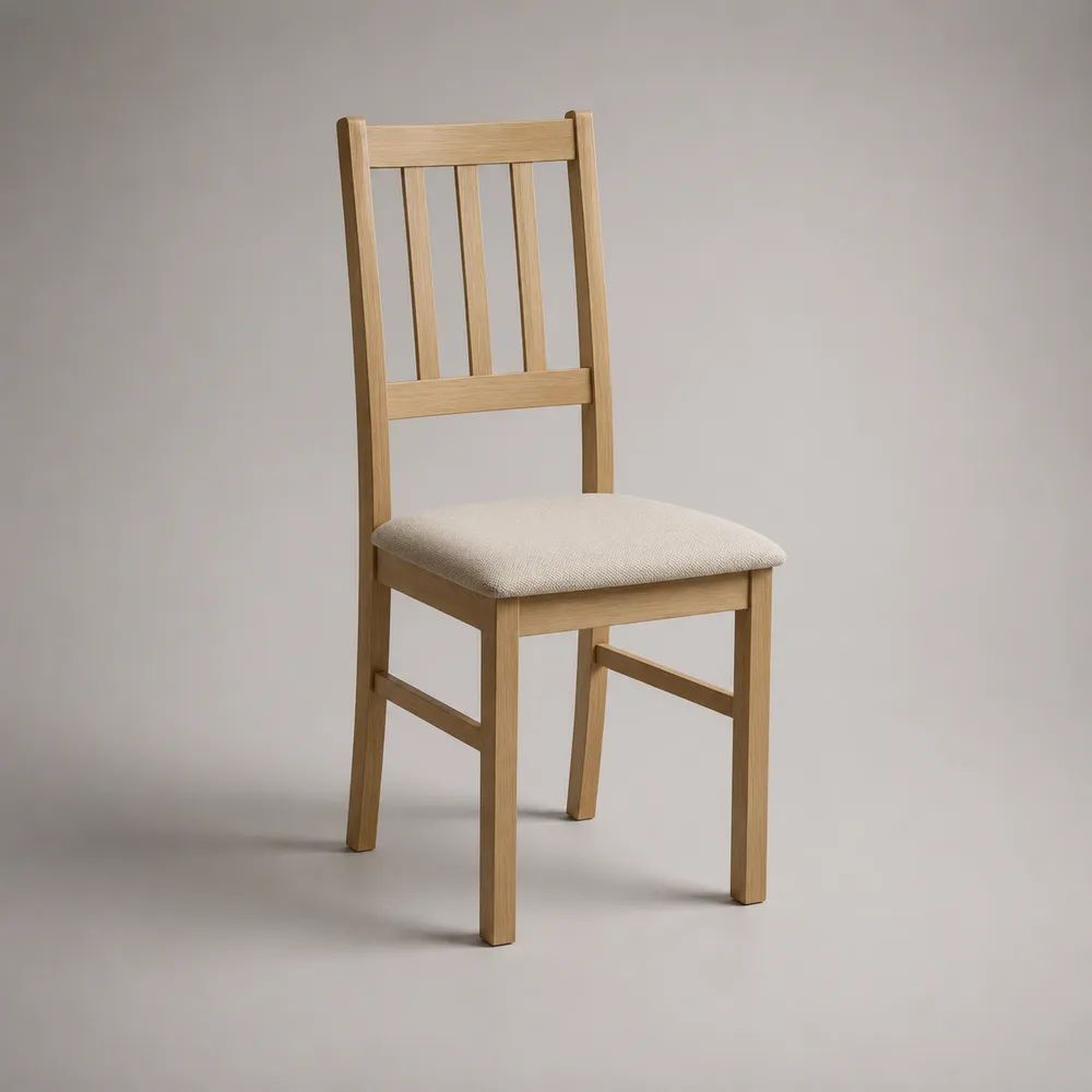 Sedia da pranzo in legno massello con seduta imbottita beige e schienale a doghe, 43 x 48 x 92 cm