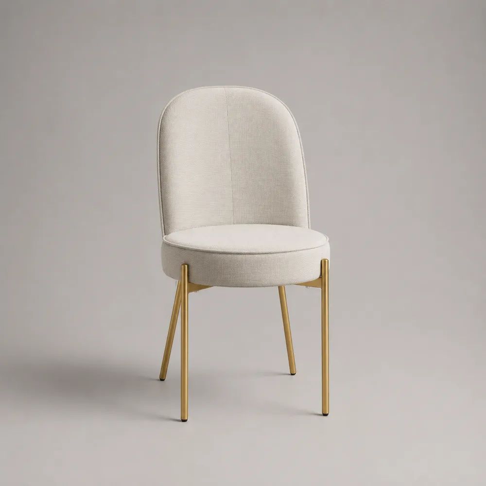 Sedia da pranzo imbottita in tessuto beige con gambe in metallo dorato e schienale arrotondato, 49 × 56 × 85 cm