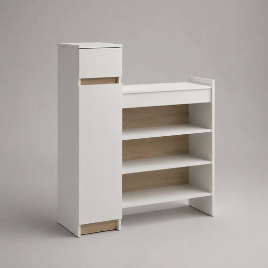 Scarpiera in truciolare melaminico bianco e rovere naturale con 3 ripiani, cassetto e vano contenitore, 100 x 30 x 110 cm