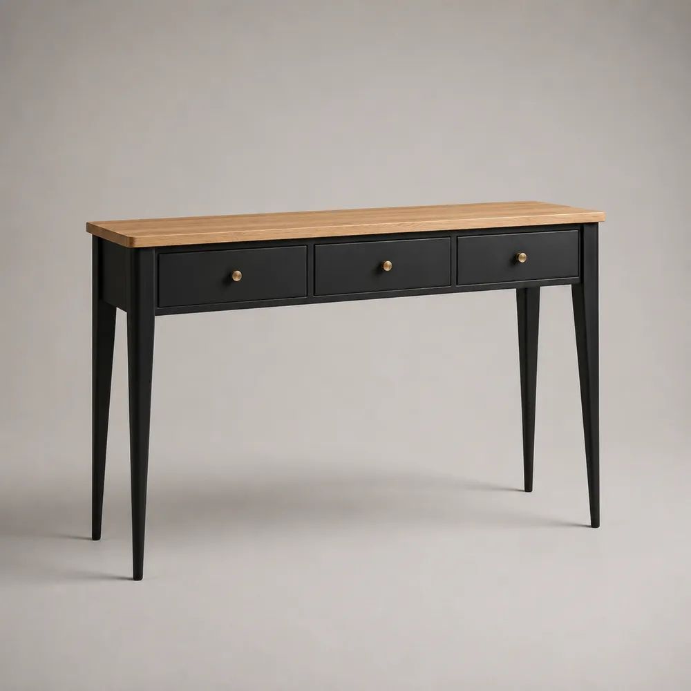 Consolle da ingresso rettangolare in pino massello con 3 cassetti, nero e naturale, pomelli color ottone, 120 × 35 × 80 cm