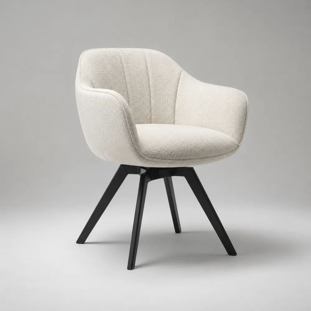 Sedia da pranzo girevole con braccioli in bouclé di poliestere e acciaio nero, bianco crema, 60 × 62 × 82 cm