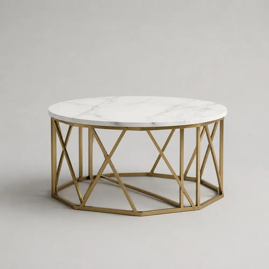 Tavolino da salotto rotondo in MDF rivestito in PVC effetto marmo con struttura in acciaio dorato, Ø 80 × H 45 cm