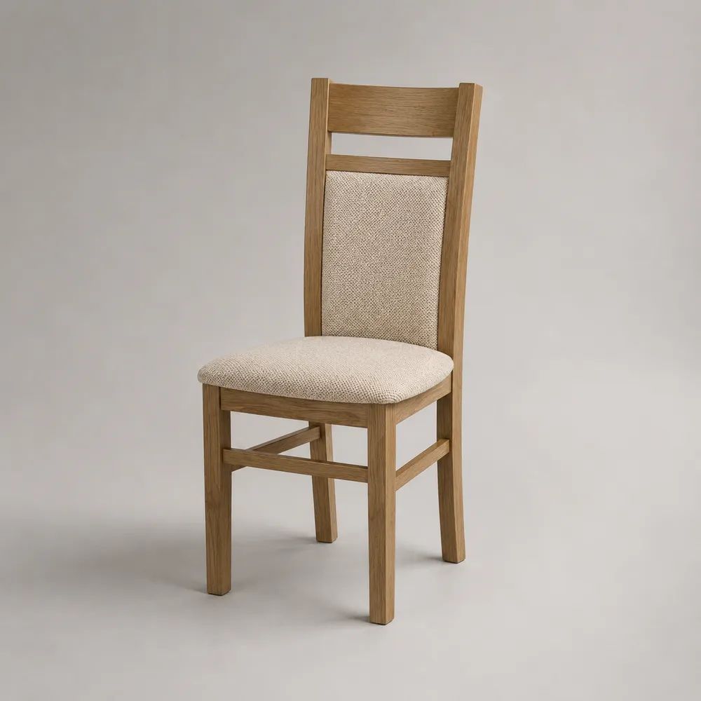 Sedia da pranzo imbottita in legno massello di quercia e tessuto beige, 45 x 52 x 96 cm
