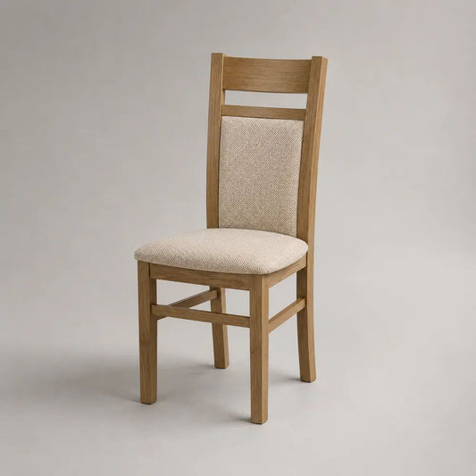 Sedia da pranzo imbottita in legno massello di quercia e tessuto beige, 45 x 52 x 96 cm