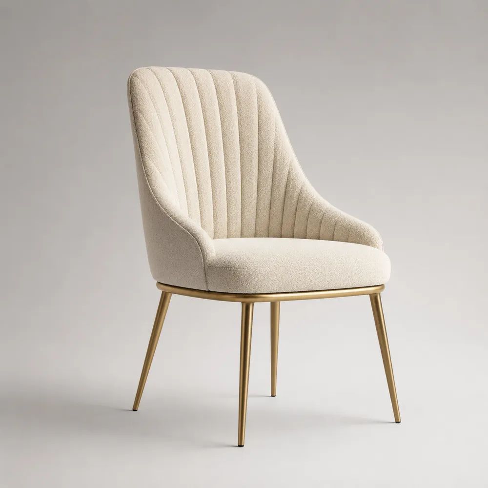 Sedia da pranzo imbottita con braccioli in tessuto avorio e gambe in acciaio color oro, 58 x 61 x 84 cm
