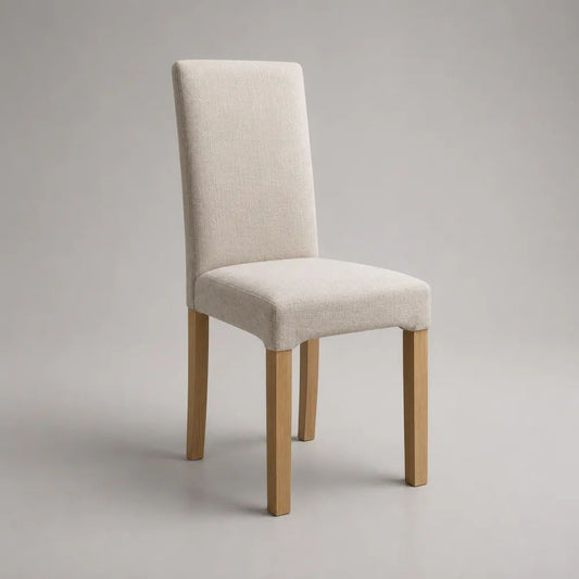 Sedia da pranzo imbottita in tessuto beige con gambe in legno, 45 x 55 x 98 cm