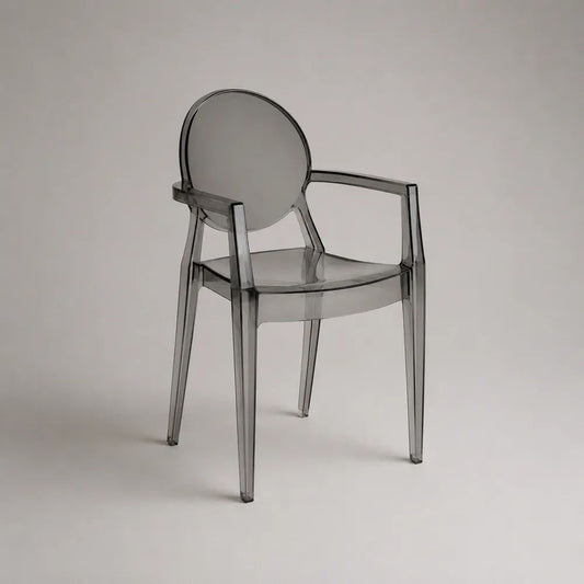 Sedia da pranzo con braccioli in policarbonato grigio fumé trasparente, 54 x 55 x 93 cm