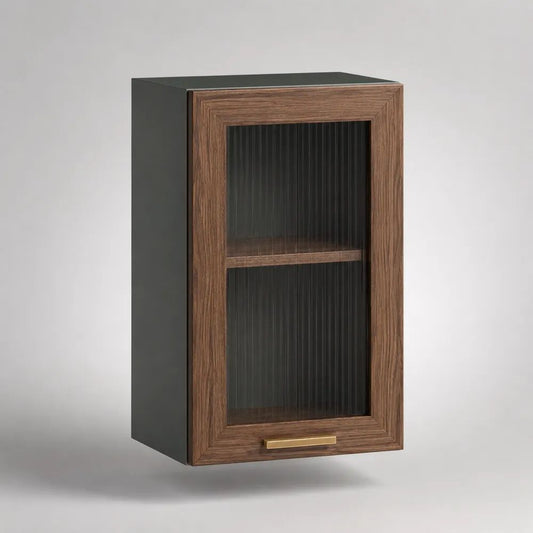Pensile da cucina nero e noce con anta battente in MDF e vetro scanalato, 40 × 32 × 70 cm
