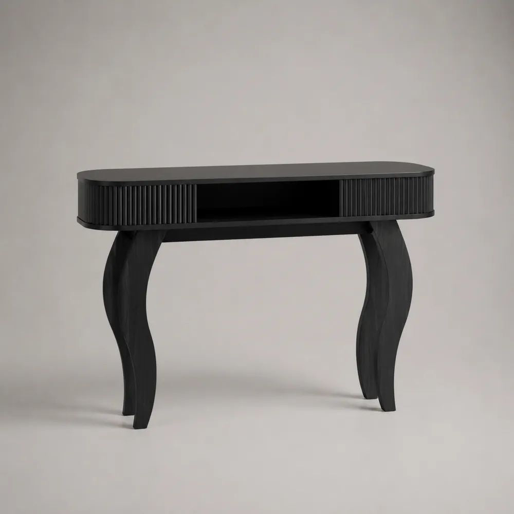 Consolle in legno e MDF nera con ante scorrevoli, vano aperto e angoli arrotondati, 120 x 38 x 80 cm