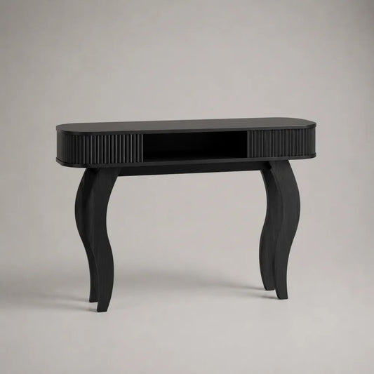 Consolle in legno e MDF nera con ante scorrevoli, vano aperto e angoli arrotondati, 120 x 38 x 80 cm
