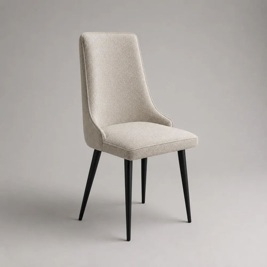 Sedia da pranzo imbottita in tessuto beige con gambe in acciaio nero, 47 x 56 x 88 cm