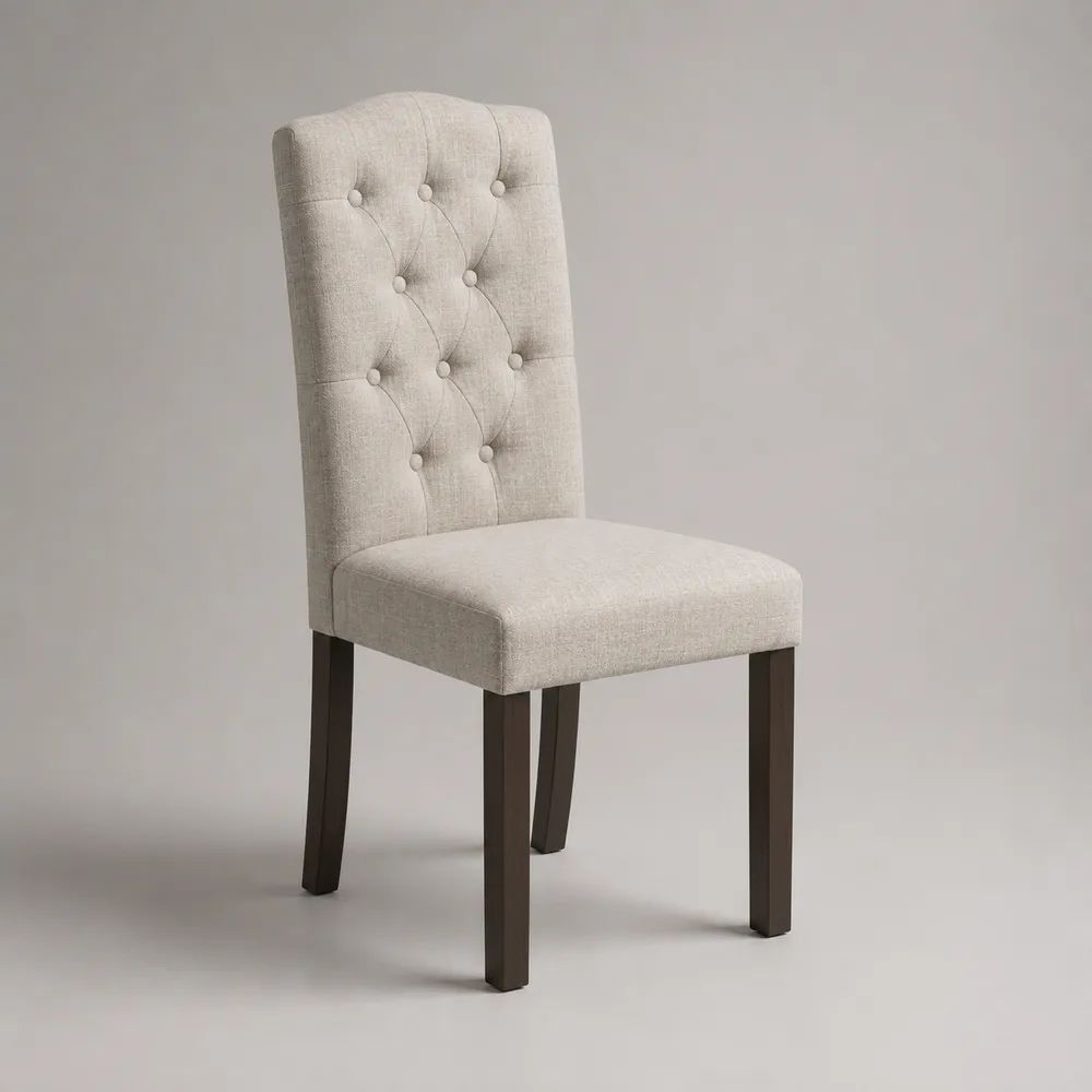 Sedia da pranzo imbottita beige con schienale capitonné e gambe in legno marrone scuro, 45 x 55 x 102 cm