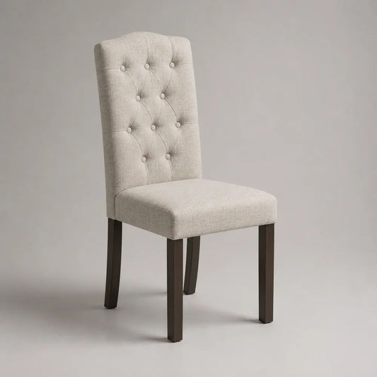 Sedia da pranzo imbottita beige con schienale capitonné e gambe in legno marrone scuro, 45 x 55 x 102 cm