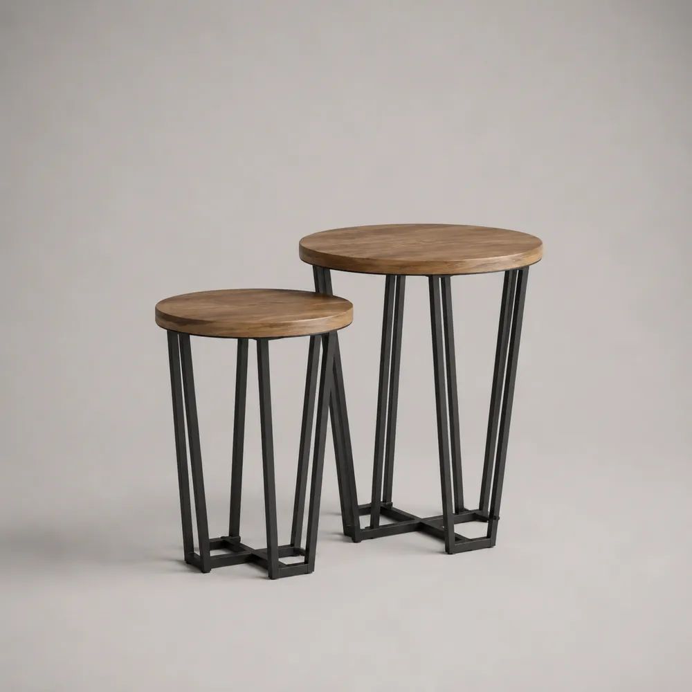 Set di 2 tavolini rotondi in legno e metallo, Ø60 × 70 cm e Ø45 × 55 cm, marrone e nero
