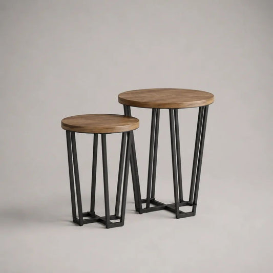 Set di 2 tavolini rotondi in legno e metallo, Ø60 × 70 cm e Ø45 × 55 cm, marrone e nero