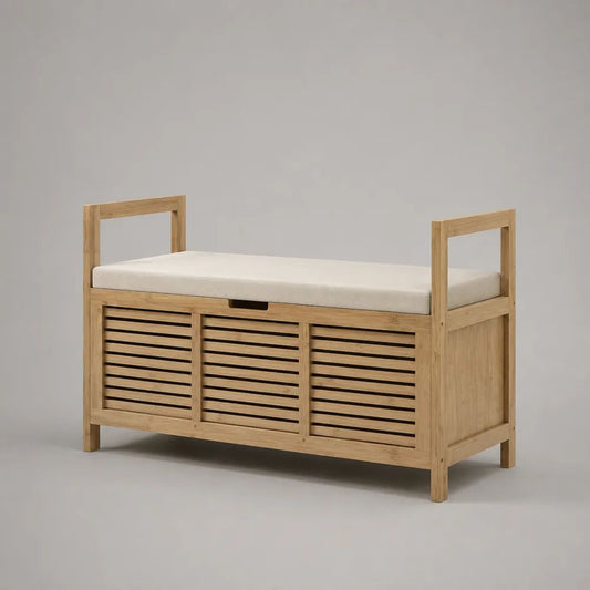 Panca scarpiera rettangolare in bambù naturale con vano contenitore e seduta imbottita beige, 100 x 35 x 80 cm