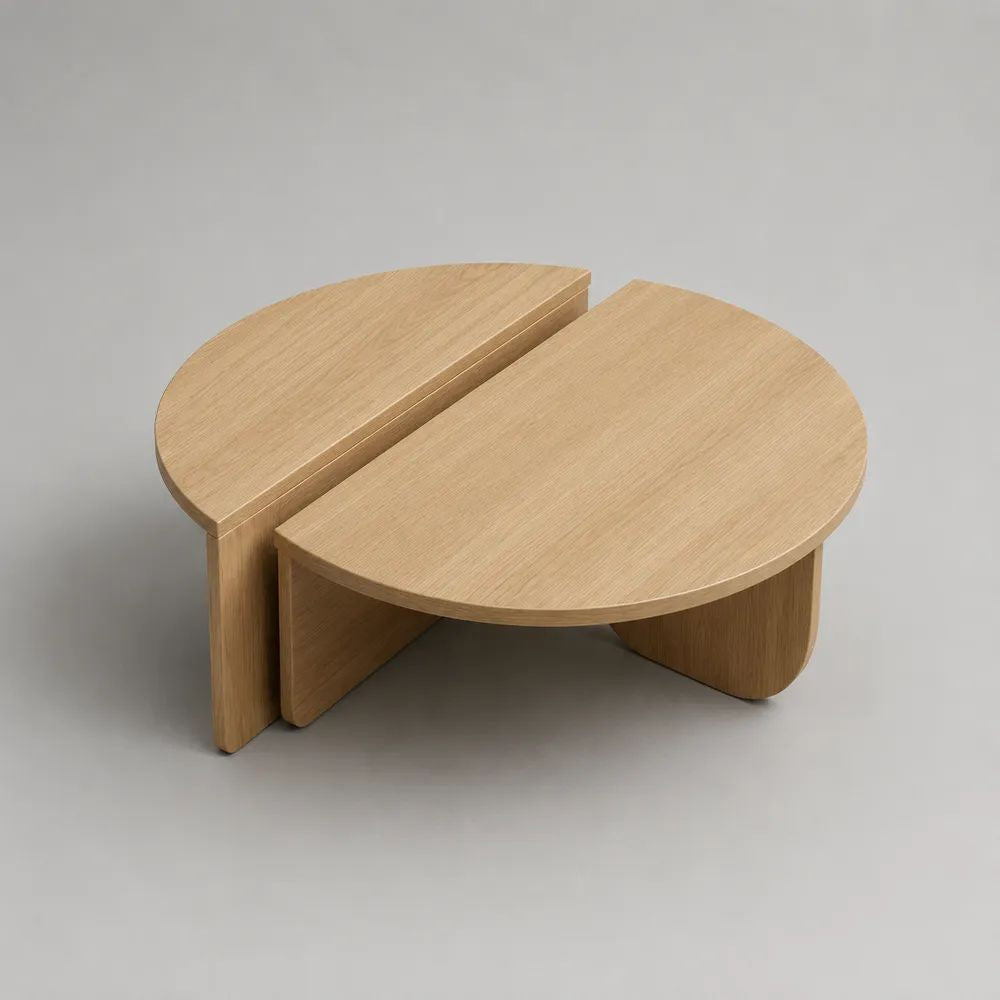 Set di 2 tavolini da salotto componibili semicircolari in MDF impiallacciato rovere naturale, 80 × 40 × 40 cm e 80 × 40 × 34 cm