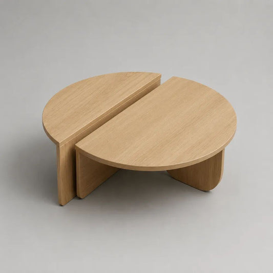 Set di 2 tavolini da salotto componibili semicircolari in MDF impiallacciato rovere naturale, 80 × 40 × 40 cm e 80 × 40 × 34 cm