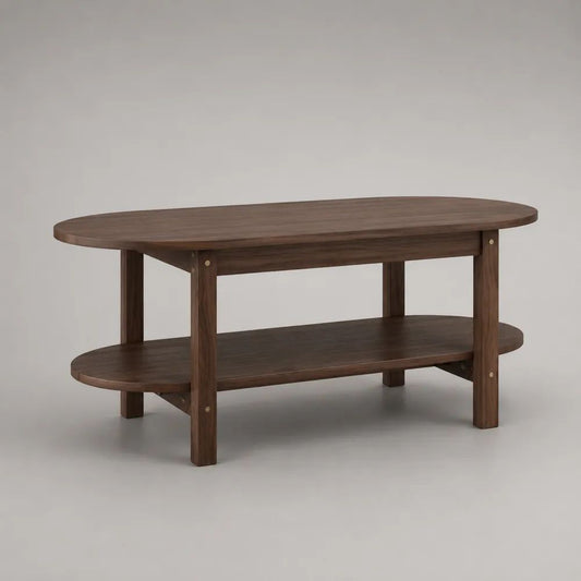 Tavolino da salotto ovale in legno massello di acacia marrone noce con ripiano, 100 x 50 x 45 cm
