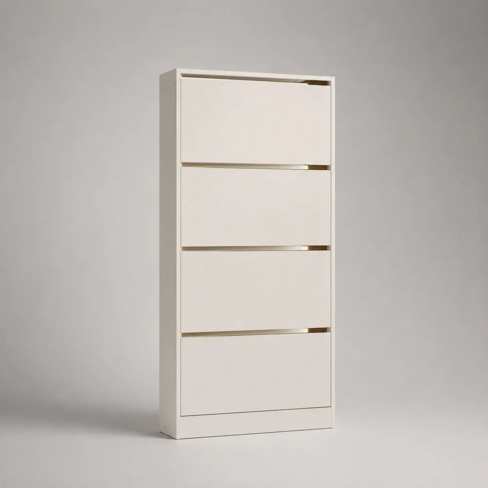 Scarpiera salvaspazio bianca in legno con 4 ante a ribalta, 60 x 24 x 150 cm