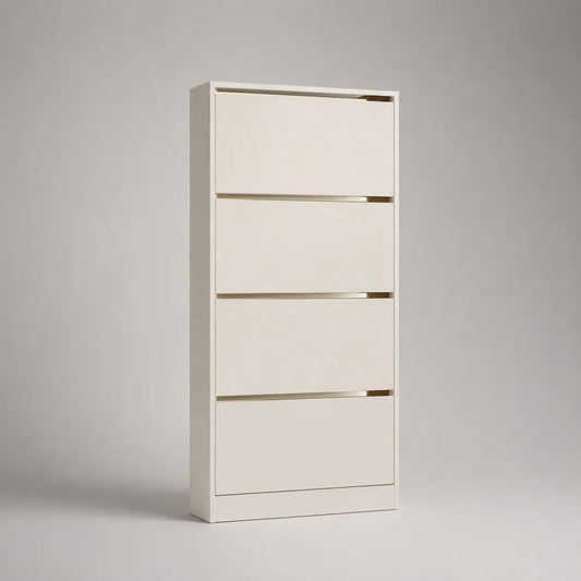 Scarpiera salvaspazio bianca in legno con 4 ante a ribalta, 60 x 24 x 150 cm