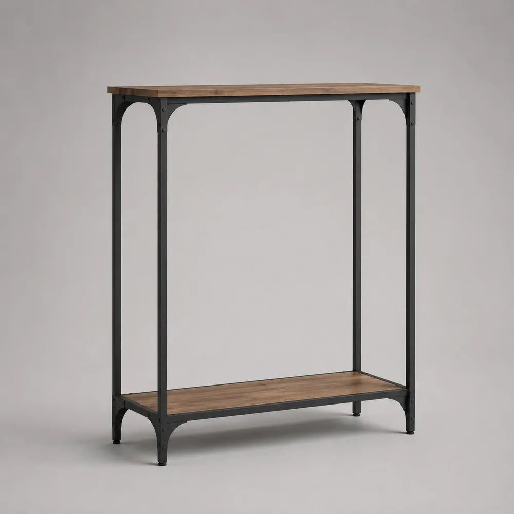 Consolle rettangolare industriale con 2 ripiani in MDF e struttura in acciaio, marrone e nero, 100 × 35 × 120 cm