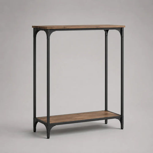 Consolle rettangolare industriale con 2 ripiani in MDF e struttura in acciaio, marrone e nero, 100 × 35 × 120 cm