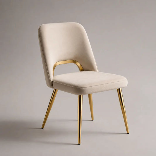 Sedia da pranzo imbottita in velluto beige con gambe in acciaio dorato, 52 x 58 x 84 cm