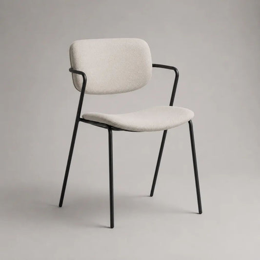 Sedia da pranzo imbottita con braccioli in tessuto bouclé e acciaio, bianco crema e nero, 56 x 57 x 80 cm
