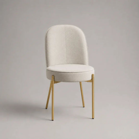 Sedia da pranzo imbottita in tessuto beige con gambe in metallo dorato e schienale arrotondato, 49 × 56 × 85 cm
