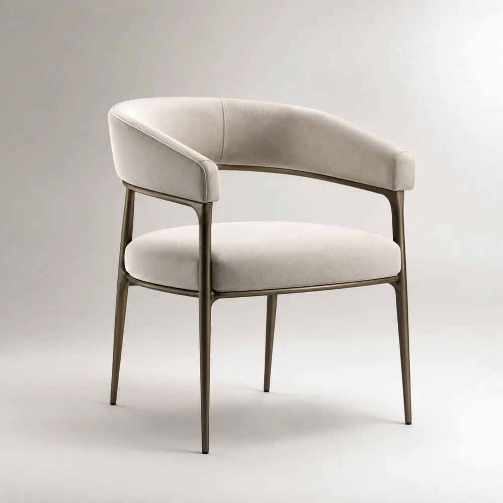 Sedia da pranzo imbottita con braccioli, schienale curvo, tessuto beige e struttura in acciaio color bronzo, 60 × 57 × 78 cm