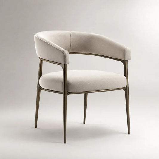 Sedia da pranzo imbottita con braccioli, schienale curvo, tessuto beige e struttura in acciaio color bronzo, 60 × 57 × 78 cm