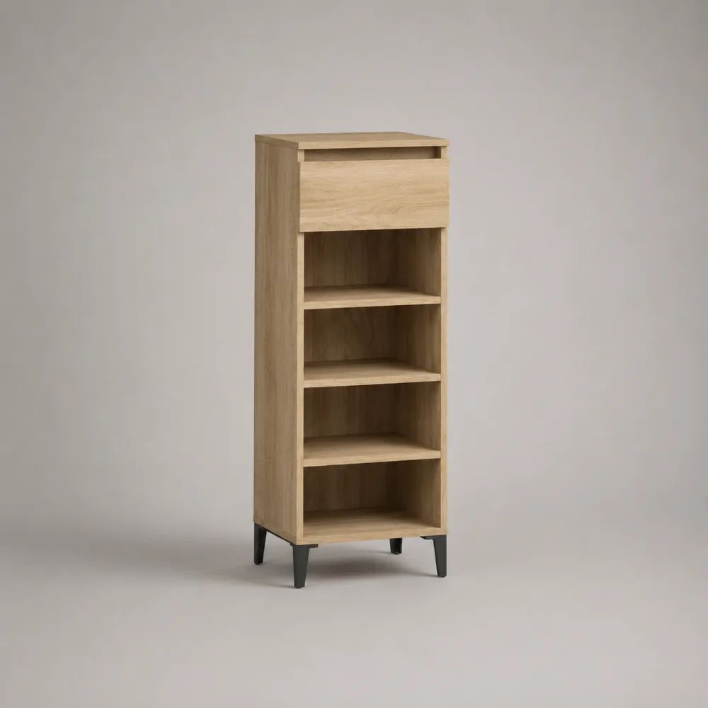Scarpiera alta rettangolare in legno e metallo con anta a ribalta e 4 vani aperti, rovere chiaro e nero, 60 x 35 x 160 cm