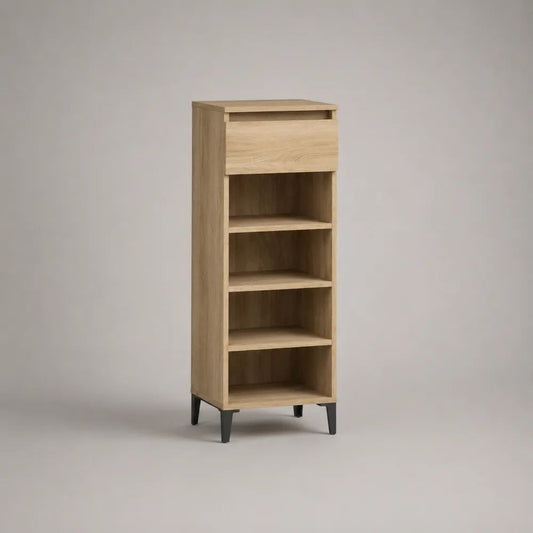 Scarpiera alta rettangolare in legno e metallo con anta a ribalta e 4 vani aperti, rovere chiaro e nero, 60 x 35 x 160 cm