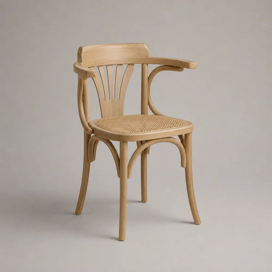 Sedia da pranzo in legno e rattan naturale con braccioli e schienale curvo, Naturale, 55 × 54 × 81 cm