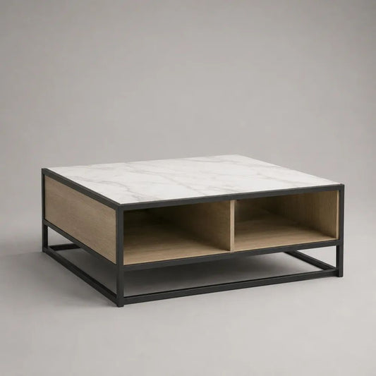 Tavolino da salotto quadrato in MDF e acciaio con 2 vani, bianco effetto marmo, rovere naturale e nero, 80 x 80 x 40 cm