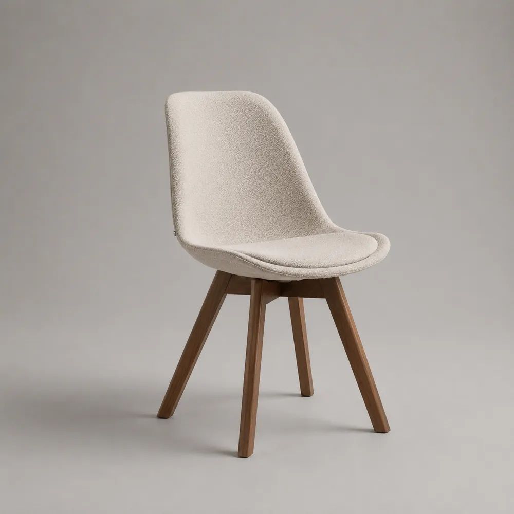 Sedia da pranzo imbottita in tessuto bouclé beige con schienale curvo e gambe in legno, 50 x 57 x 84 cm