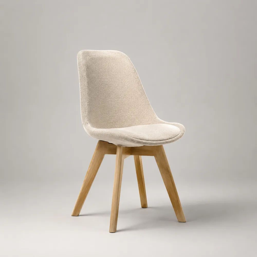 Sedia da pranzo imbottita in tessuto bouclé e legno massello, crema e legno naturale, 50 × 55 × 82 cm
