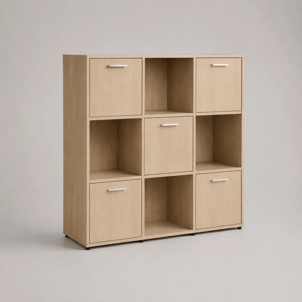 Libreria rettangolare a cubi con 5 ante e 9 vani in legno, rovere chiaro, 120 × 30 × 120 cm