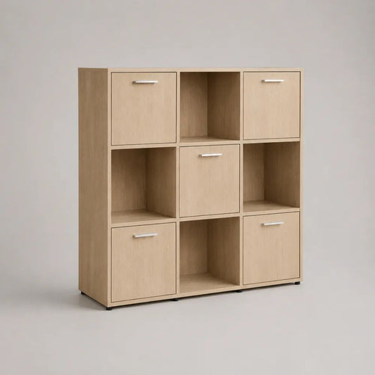 Libreria rettangolare a cubi con 5 ante e 9 vani in legno, rovere chiaro, 120 × 30 × 120 cm